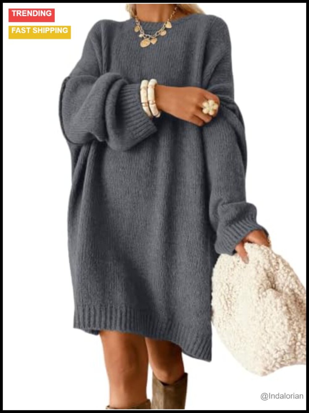 Oversized Chunky Knit Long Crew Neck Sweater Dress Pullover